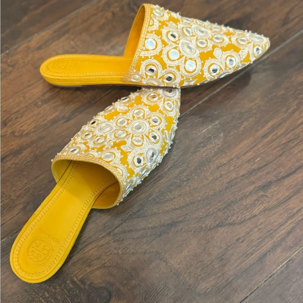 Tory Burch Elora Mirrored Pointed Toe Flat Slide Sandals - Picture 8 of 13